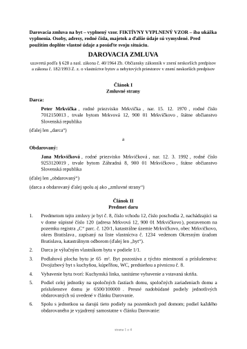 Prvá strana fiktívneho vzoru: Darovacia zmluva na byt – vyplnený vzor