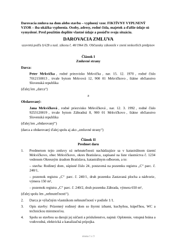 Prvá strana fiktívneho vzoru: Darovacia zmluva na dom alebo stavbu – vyplnený vzor